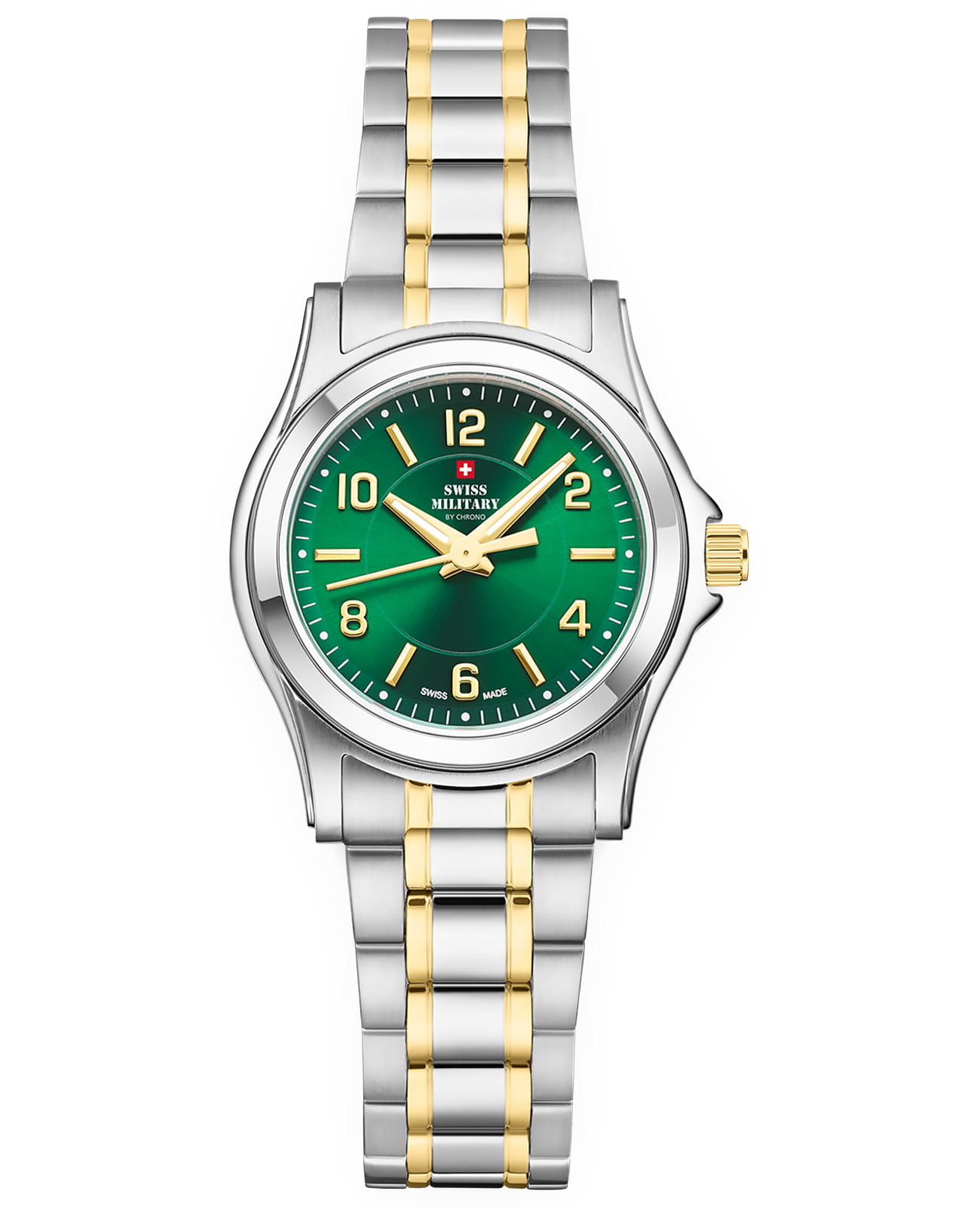 Swiss Military by Chrono Swiss Military by Chrono SM34003.28  SM34003.28 кварцевые женские часы зеленый циферблат, браслет сталь c pvd покрытием — вид спереди