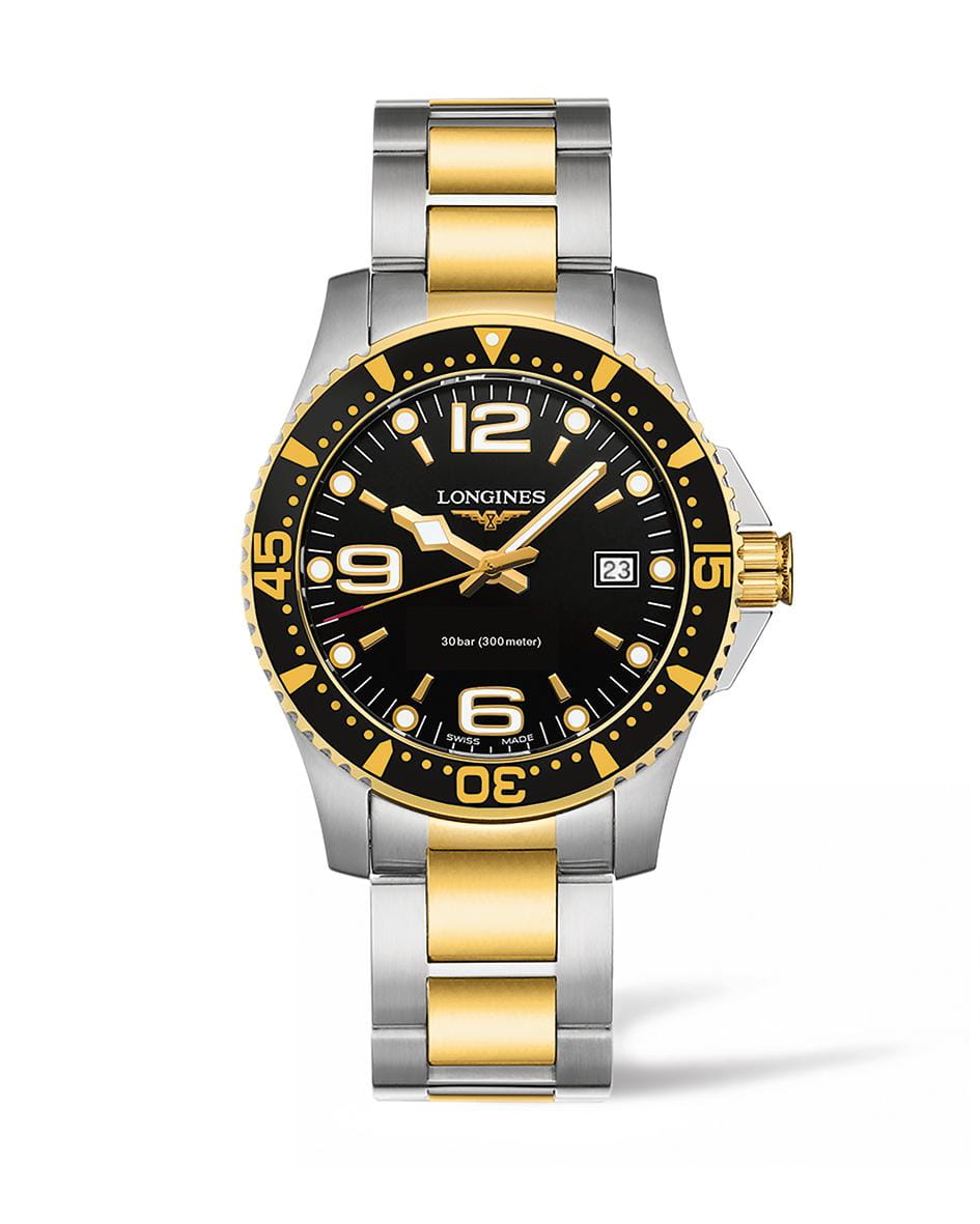 Longines Longines Hydroconquest L3.740.3.56.7  L37403567 кварцевые мужские часы черный циферблат, браслет сталь c pvd покрытием — вид спереди