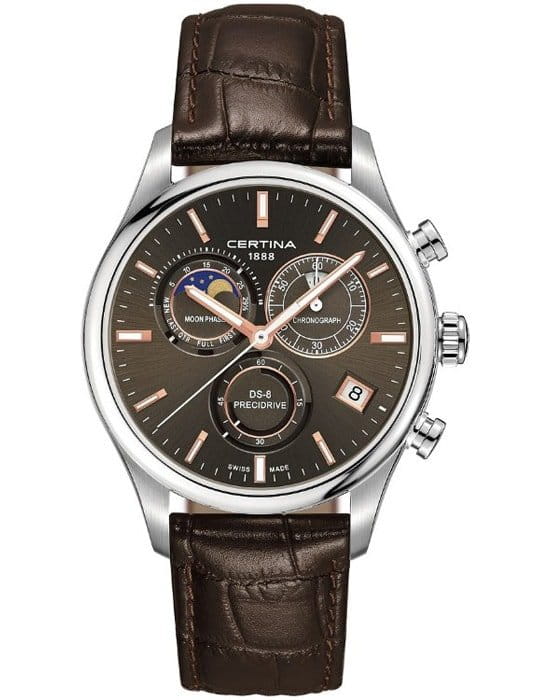 Certina Certina DS-8 Chronograph Moon Phase C033.450.16.081.00 DS 8 C0334501608100 кварцевые мужские часы коричневый циферблат, браслет кожаный — вид спереди