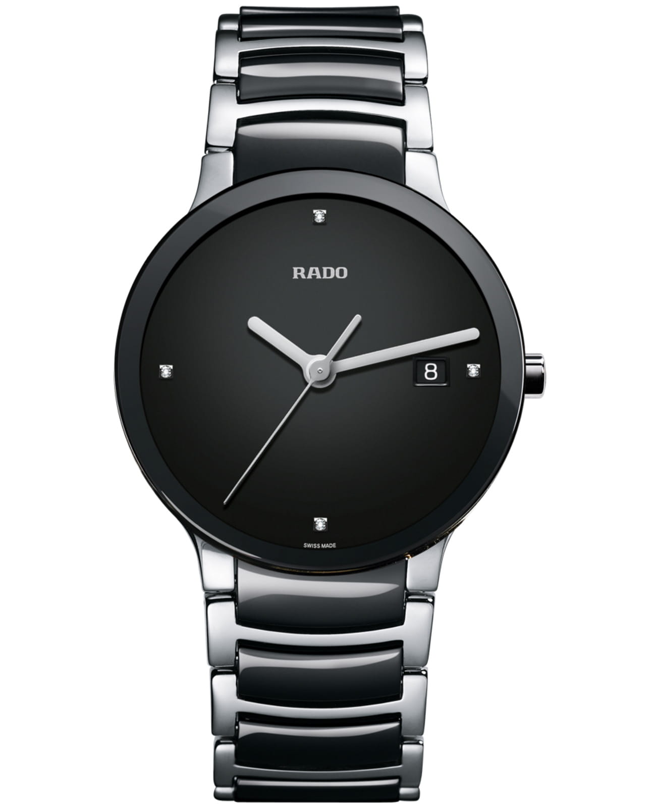 Rado Rado Centrix Diamonds R30934712  R30934712 кварцевые мужские часы черный циферблат, браслет сталь + керамические вставки — вид спереди