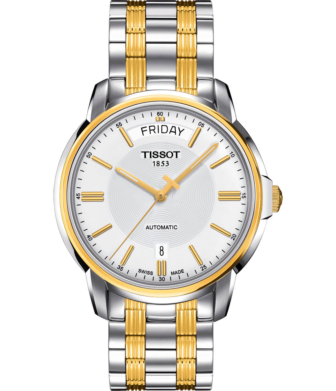 Tissot Tissot Automatics III Day Date T065.930.22.031.00 Automatics III T0659302203100 механические мужские часы белый циферблат, браслет сталь c pvd покрытием — вид спереди