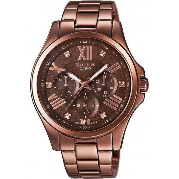 Casio Casio Sheen SHE-3806BR-5A  SHE-3806BR-5A кварцевые женские часы коричневый циферблат, браслет 18-каратное желтое золото — вид спереди