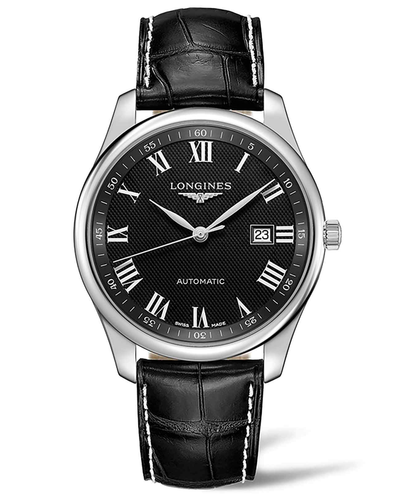 Longines Longines Master Collection L2.893.4.51.7  L28934517 механические мужские часы черный циферблат, браслет кожаный — вид спереди