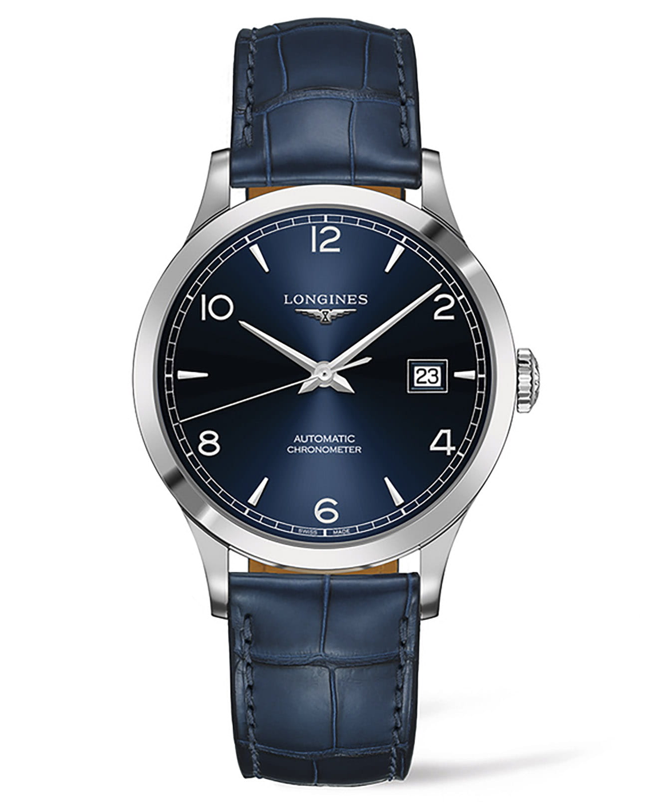 Longines Longines Record Collection L2.821.4.96.4  L28214964 механические мужские часы синий циферблат, браслет кожаный — вид спереди