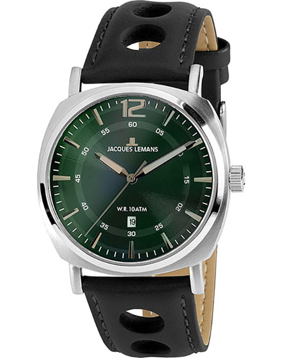 Jacques Lemans Jacques Lemans 1-1943J  1-1943J кварцевые мужские часы черный циферблат, браслет кожаный — вид спереди