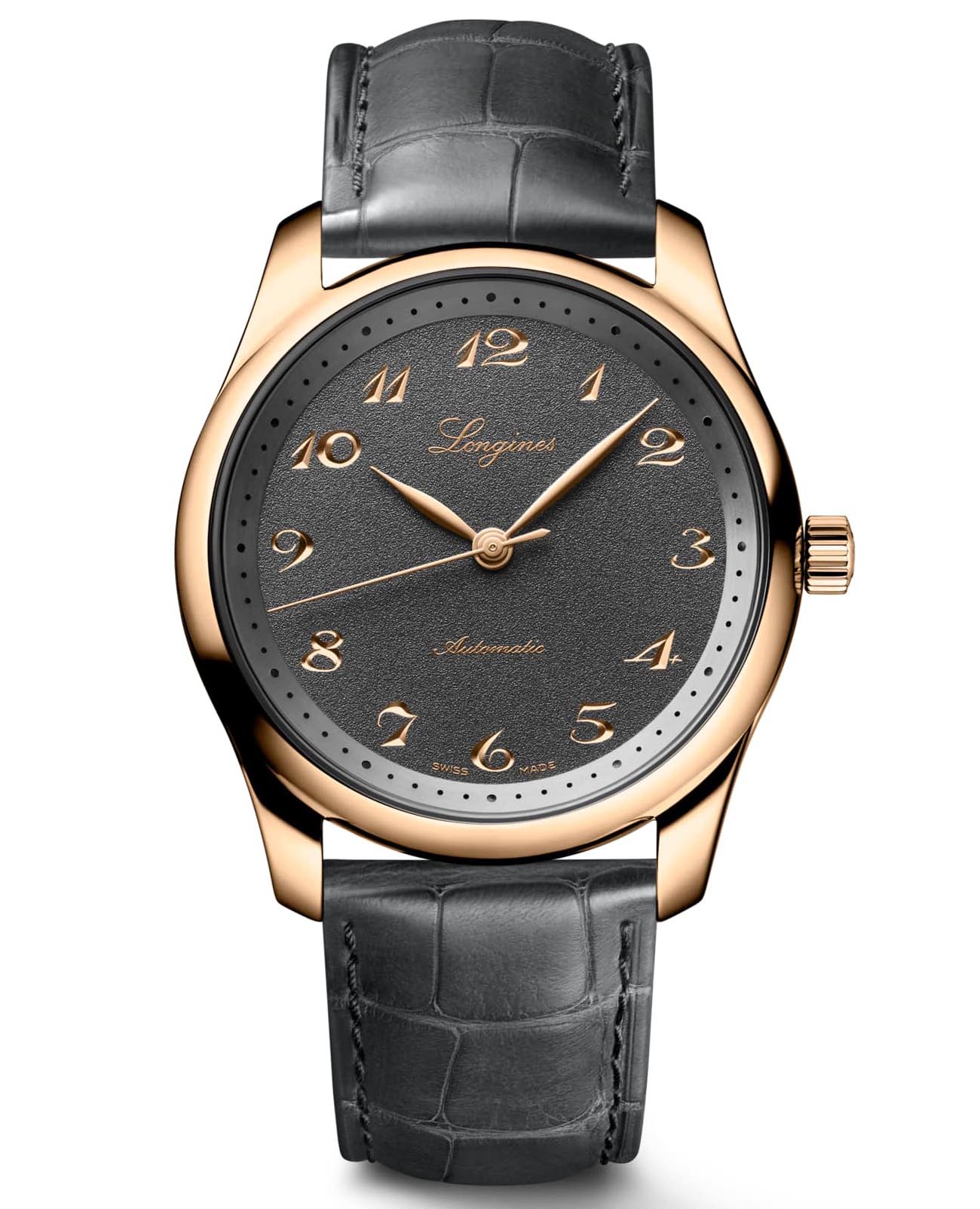 Longines Longines Master Collection. 190th Anniversary L2.793.8.73.2  L27938732 механические мужские часы серый циферблат, браслет кожаный — вид спереди