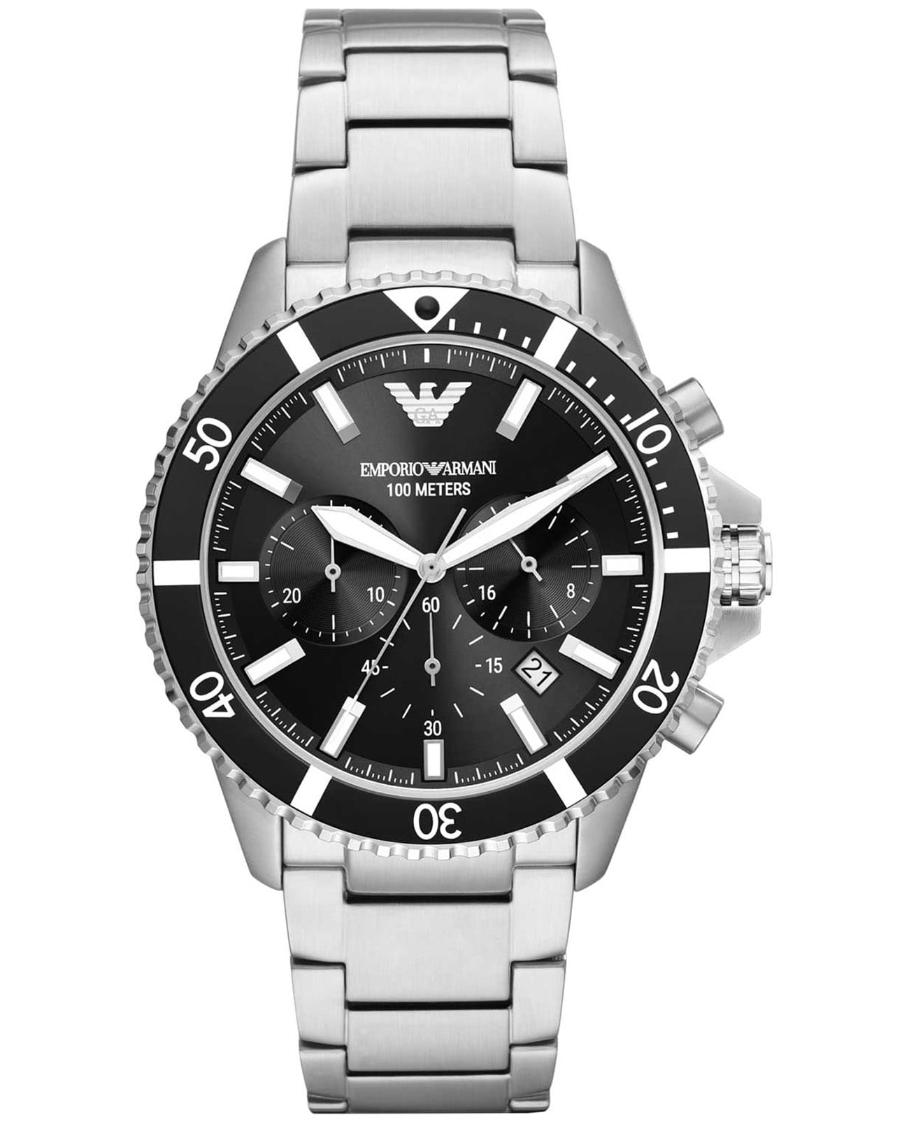 Emporio Armani Emporio Armani Diver AR11361  AR11360 кварцевые мужские часы черный циферблат, браслет нержавеющая сталь — вид спереди