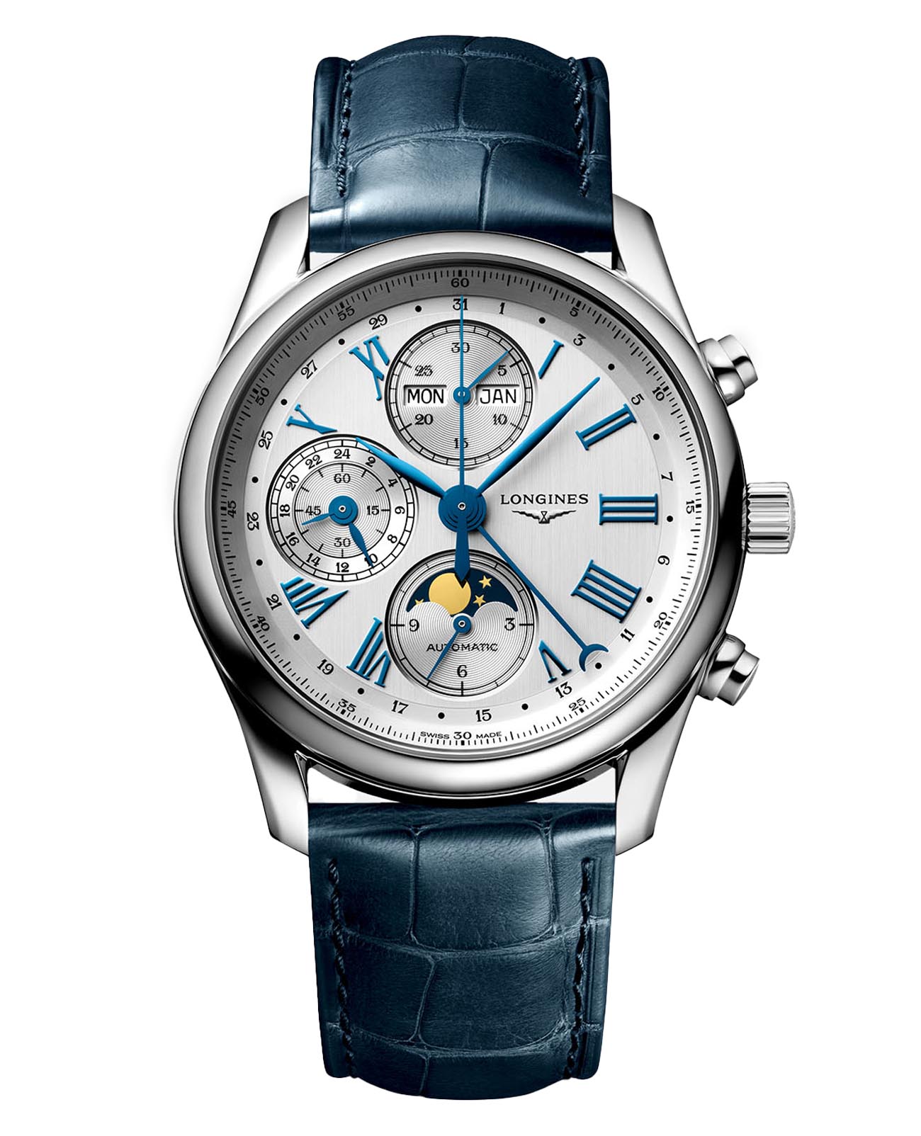 Longines Longines Master Collection L2.673.4.71.2  L26734712 механические мужские часы серебристый циферблат, браслет кожаный — вид спереди