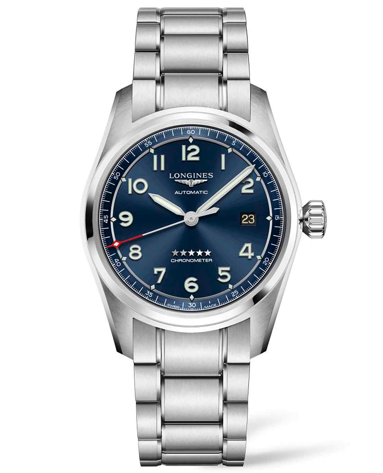 Longines Longines Spirit Prestige Edition L3.810.4.93.9  L38104939 механические мужские часы синий циферблат, браслет нержавеющая сталь — вид спереди