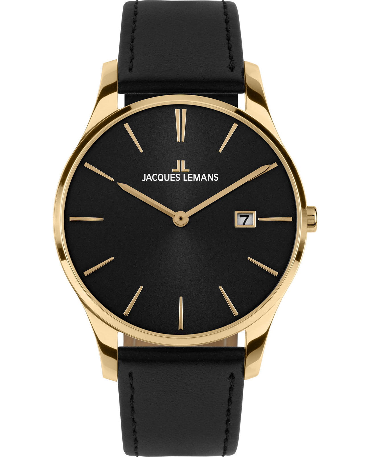 Jacques Lemans Jacques Lemans Classic 1-2122E  1-2122E кварцевые мужские часы черный циферблат, браслет кожаный — вид спереди