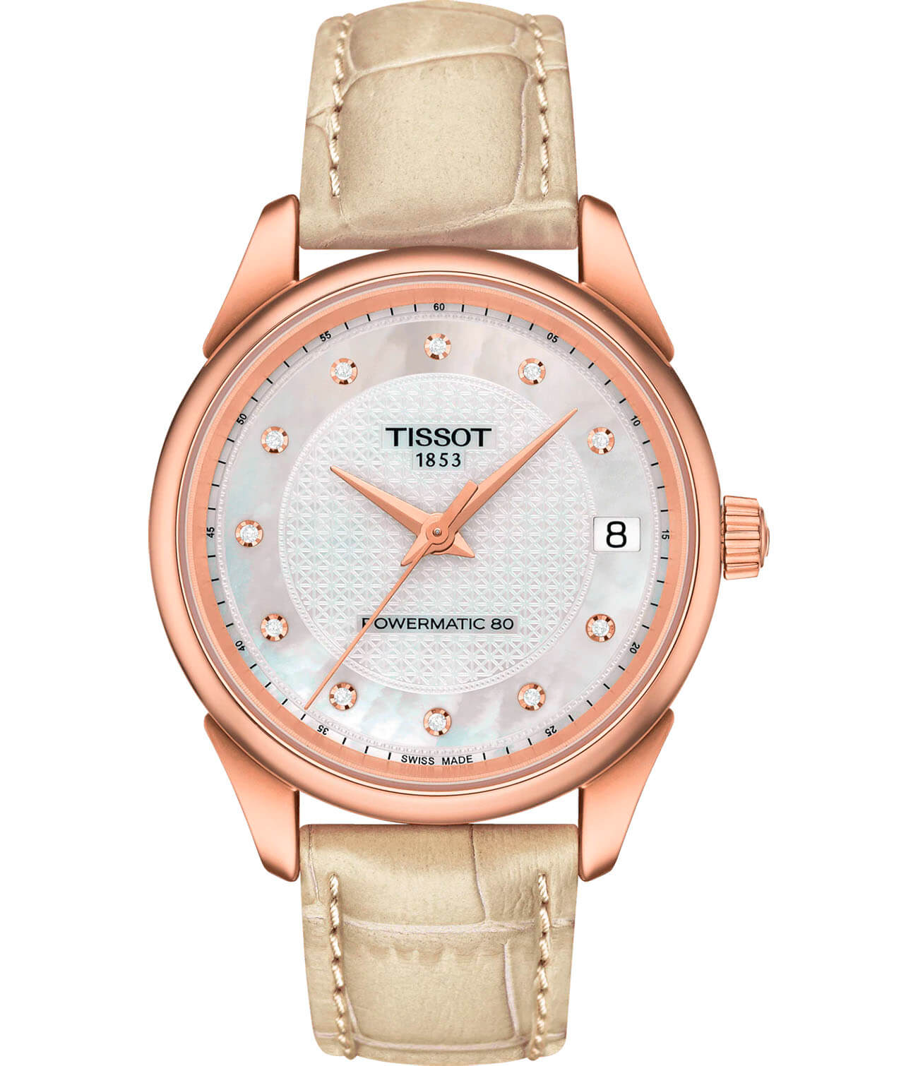 Tissot Tissot Vintage Powermatic 80 Lady 18K Gold T920.207.76.116.00  T9202077611600 механические женские часы перламутровый циферблат, браслет кожаный — вид спереди