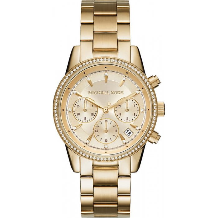 Michael Kors Michael Kors Ritz MK6356  MK6356 кварцевые женские часы золотой циферблат, браслет сталь с ip покрытием — вид спереди