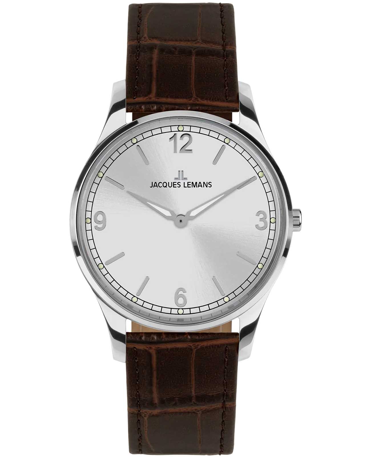 Jacques Lemans Jacques Lemans London 1-2129B  1-2129B кварцевые женские часы серебристый циферблат, браслет кожаный — вид спереди