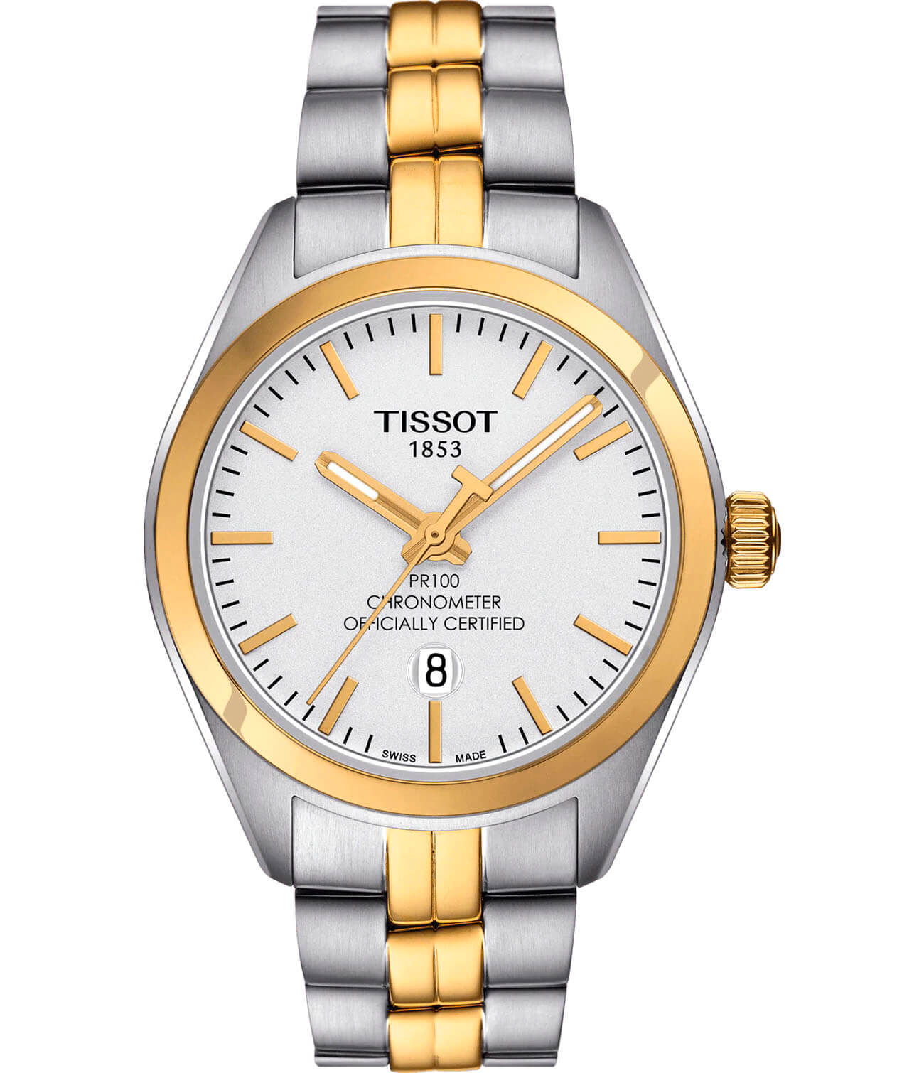 Tissot Tissot PR 100 Lady COSC T101.251.22.031.00 PR 100 T1012512203100 кварцевые женские часы белый циферблат, браслет сталь c pvd покрытием — вид спереди