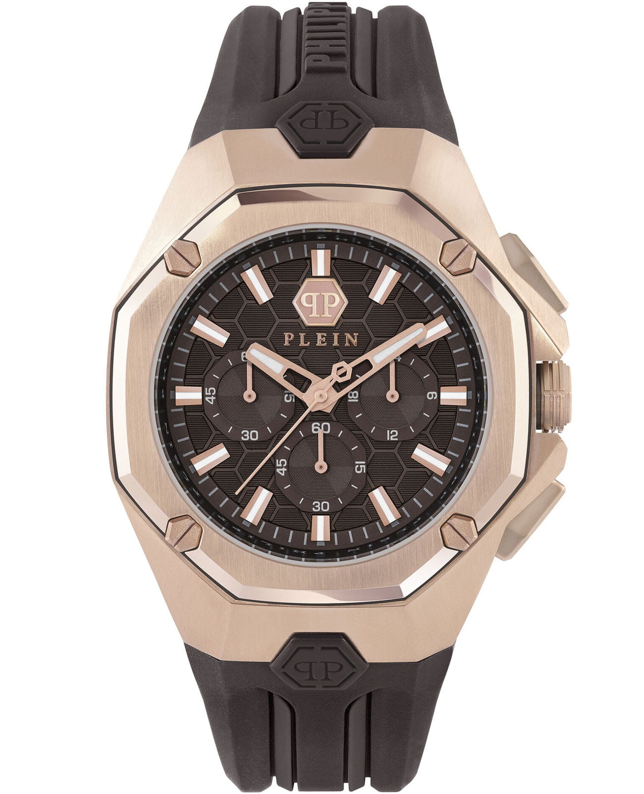Philipp Plein Philipp Plein Octagon PWTBA0223  PWTBA0223 кварцевые мужские часы коричневый циферблат, браслет силикон — вид спереди