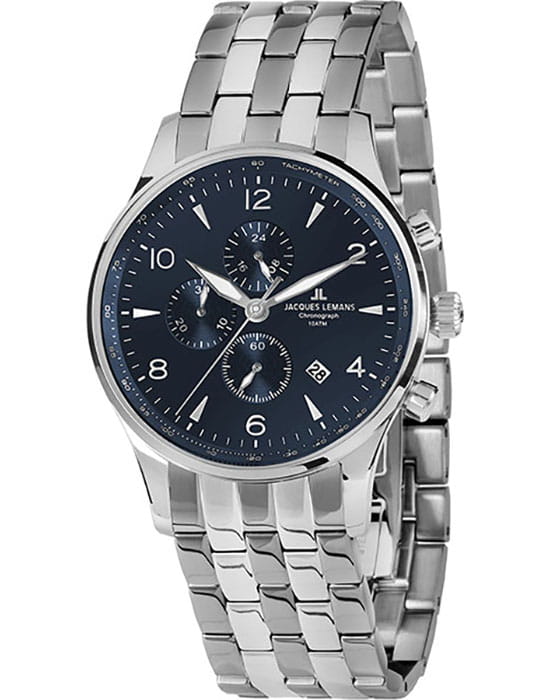 Jacques Lemans Jacques Lemans 1-1844ZG  1-1844ZG кварцевые мужские часы синий циферблат, браслет нержавеющая сталь — вид спереди