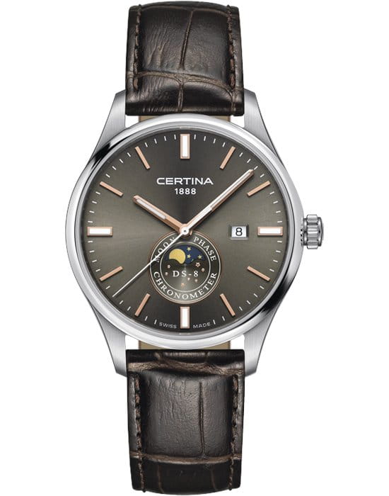 Certina Certina DS-8 Moon Phase C033.457.16.081.00 DS 8 C0334571608100 кварцевые мужские часы коричневый циферблат, браслет кожаный — вид спереди