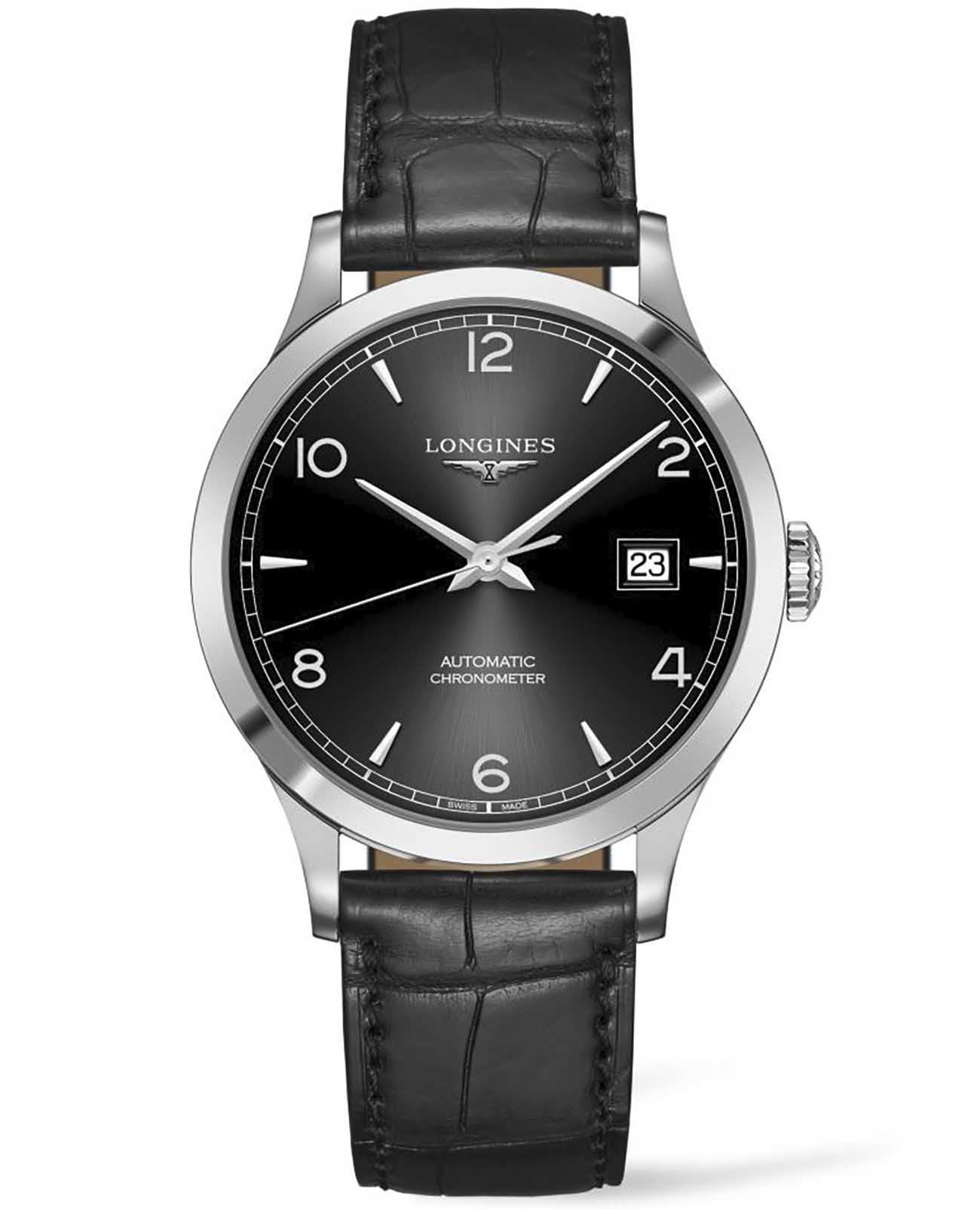 Longines Longines Record Collection L2.821.4.56.2  L28214562 механические мужские часы черный циферблат, браслет кожаный — вид спереди