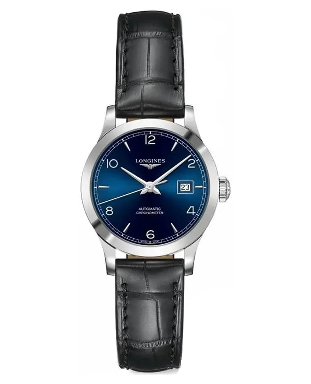 Longines Longines Record Collection L2.321.4.96.2  L23214962 механические женские часы синий циферблат, браслет кожаный — вид спереди