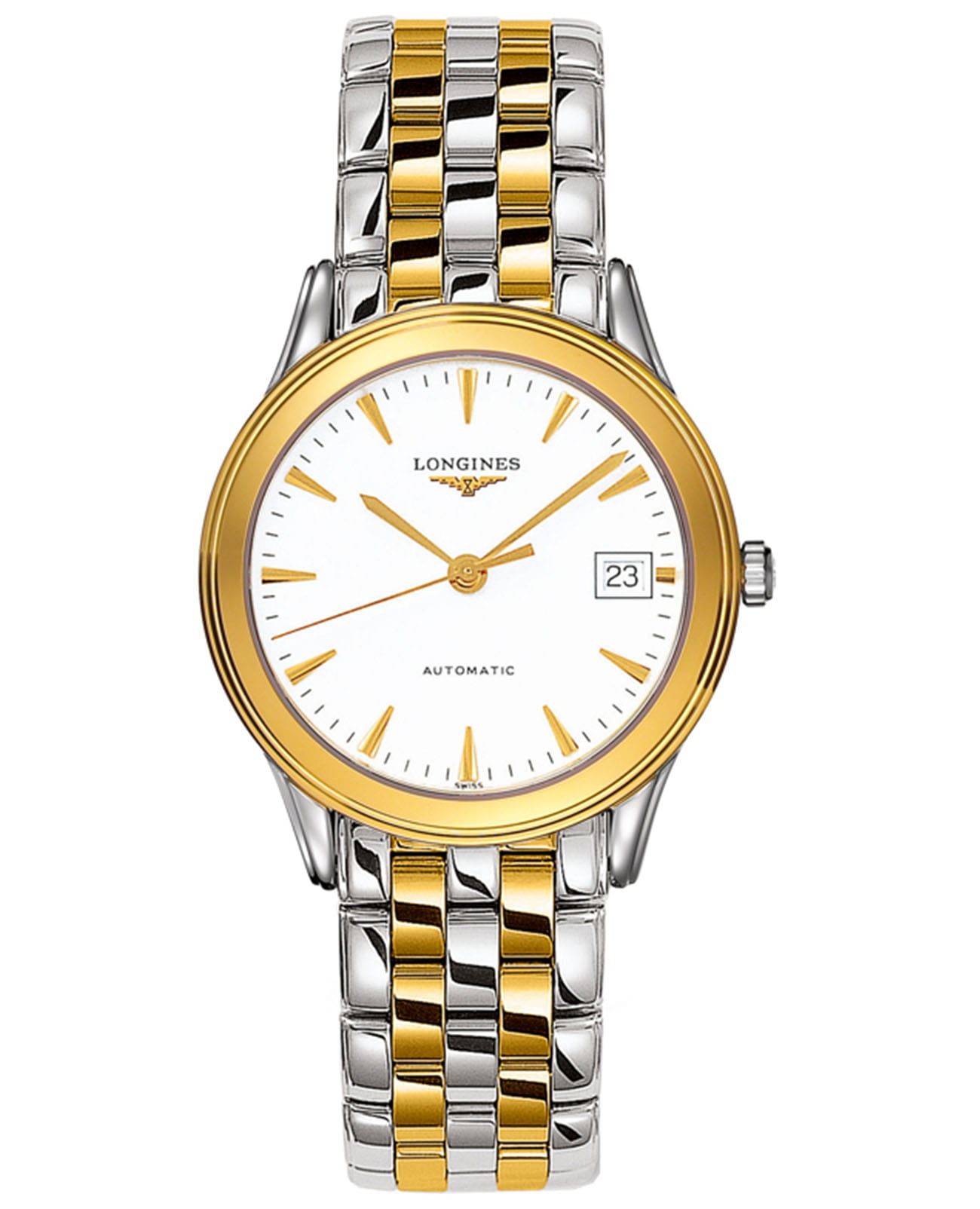 Longines Longines Flagship L4.774.3.22.7  L47743227 механические мужские часы белый циферблат, браслет сталь c pvd покрытием — вид спереди