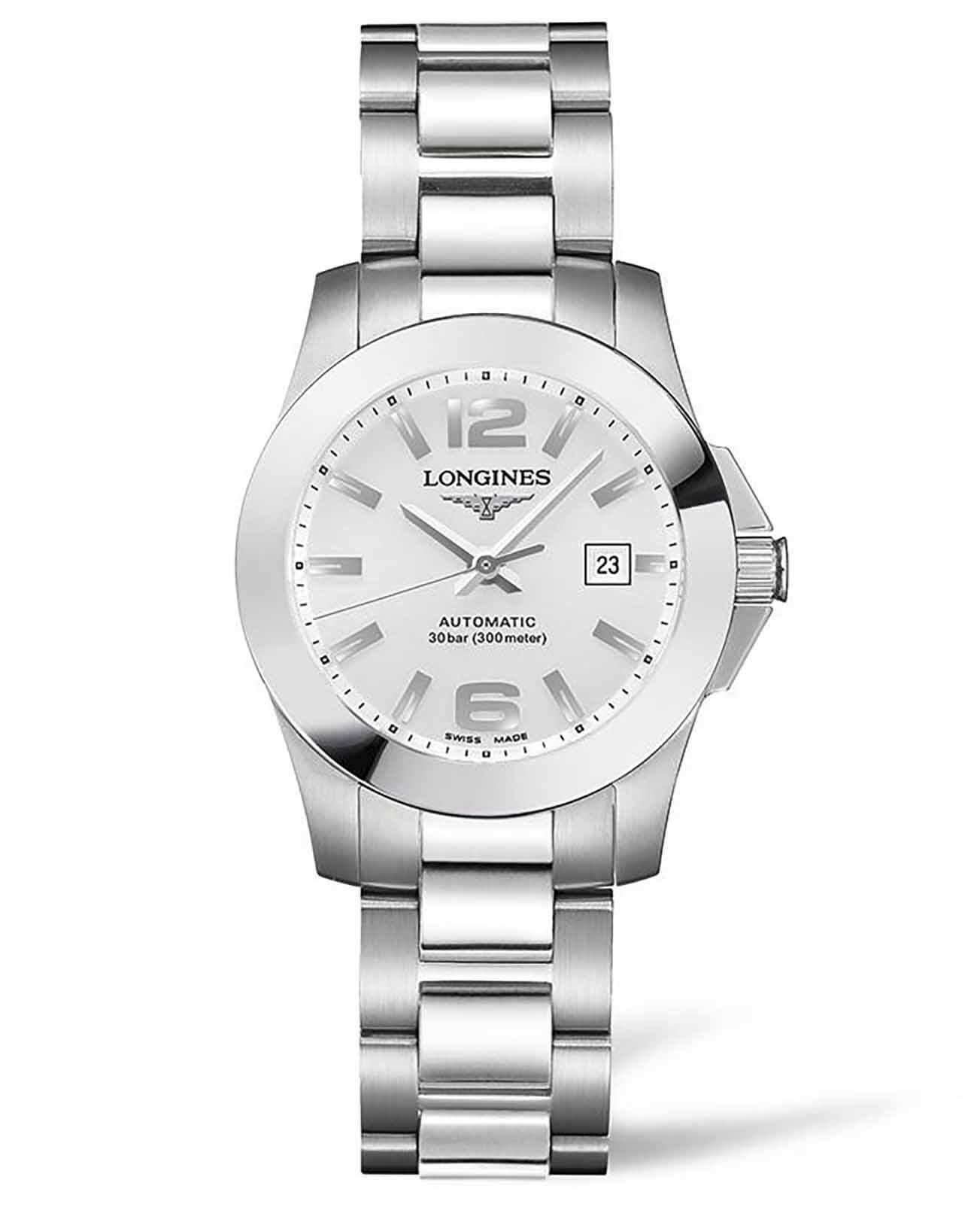 Longines Longines Conquest L3.276.4.76.6  L32764766 механические женские часы серебристый циферблат, браслет нержавеющая сталь — вид спереди