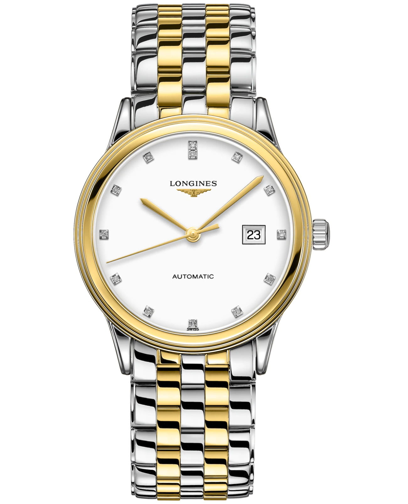 Longines Longines Flagship L4.984.3.27.7  L49843277 механические мужские часы белый циферблат, браслет сталь c pvd покрытием — вид спереди