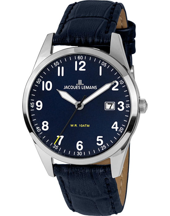 Jacques Lemans Jacques Lemans 1-2002C  1-2002C кварцевые мужские часы синий циферблат, браслет кожаный — вид спереди