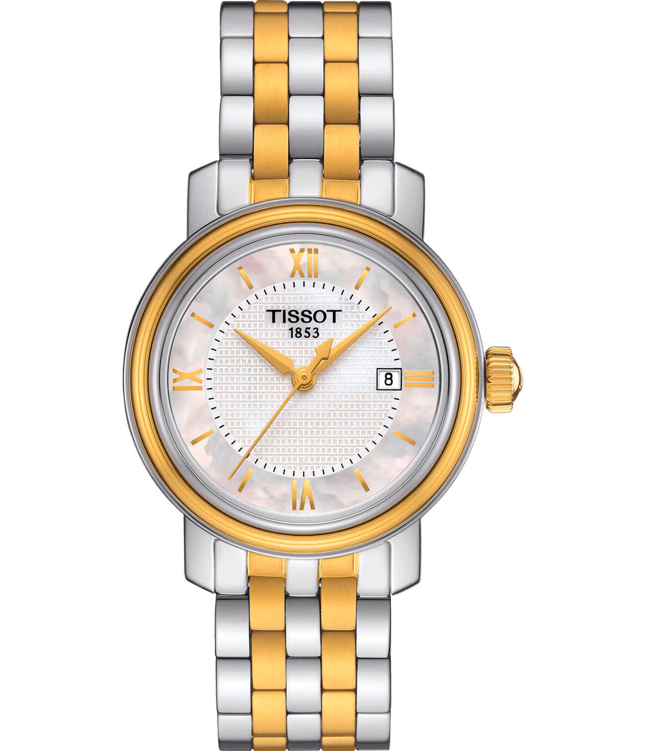 Tissot Tissot Bridgeport Lady T097.010.22.118.00 Bridgeport T0970102211800 кварцевые женские часы белый циферблат, браслет сталь c pvd покрытием — вид спереди