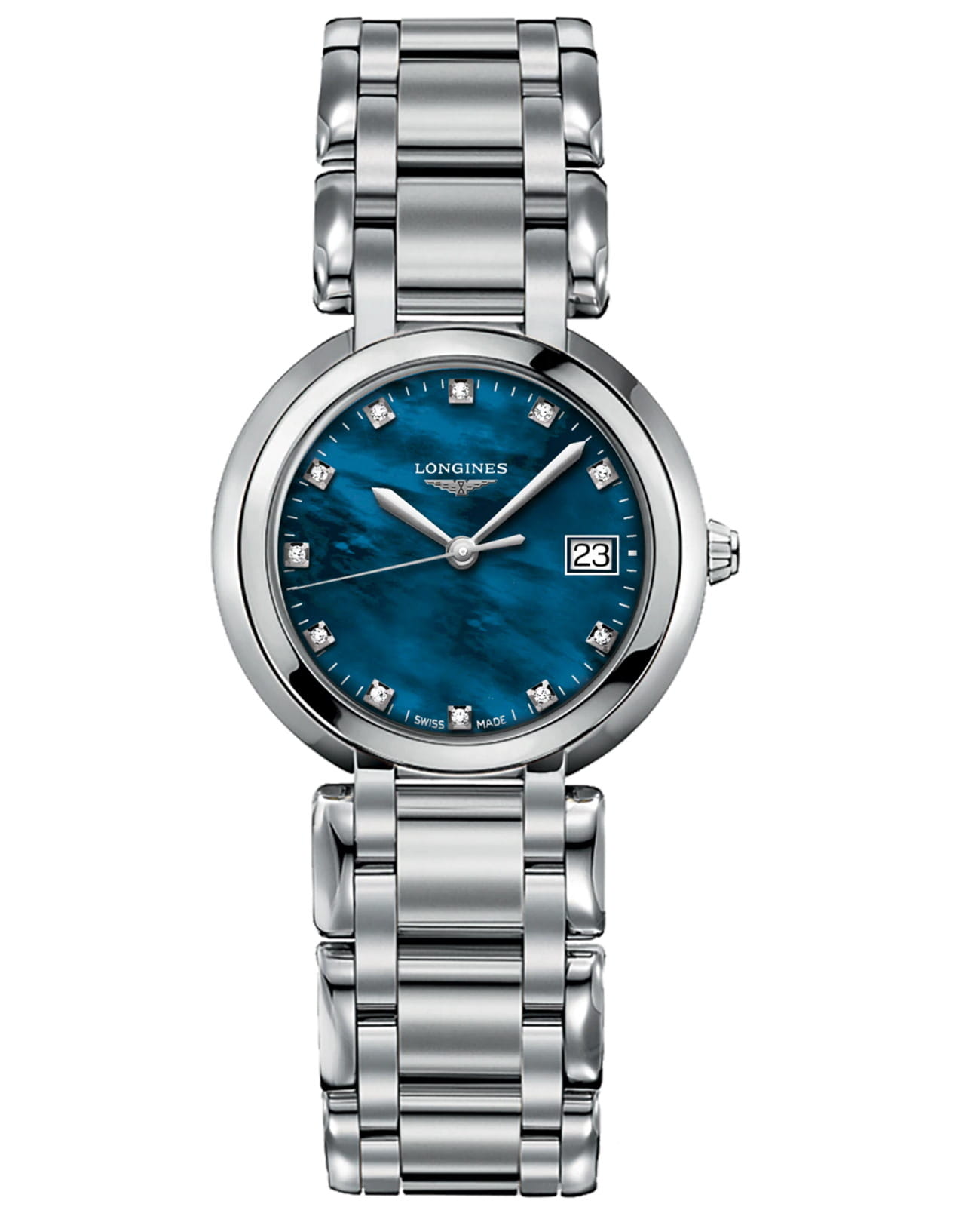 Longines Longines PrimaLuna L8.112.4.98.6  L81124986 кварцевые женские часы синий циферблат, браслет нержавеющая сталь — вид спереди