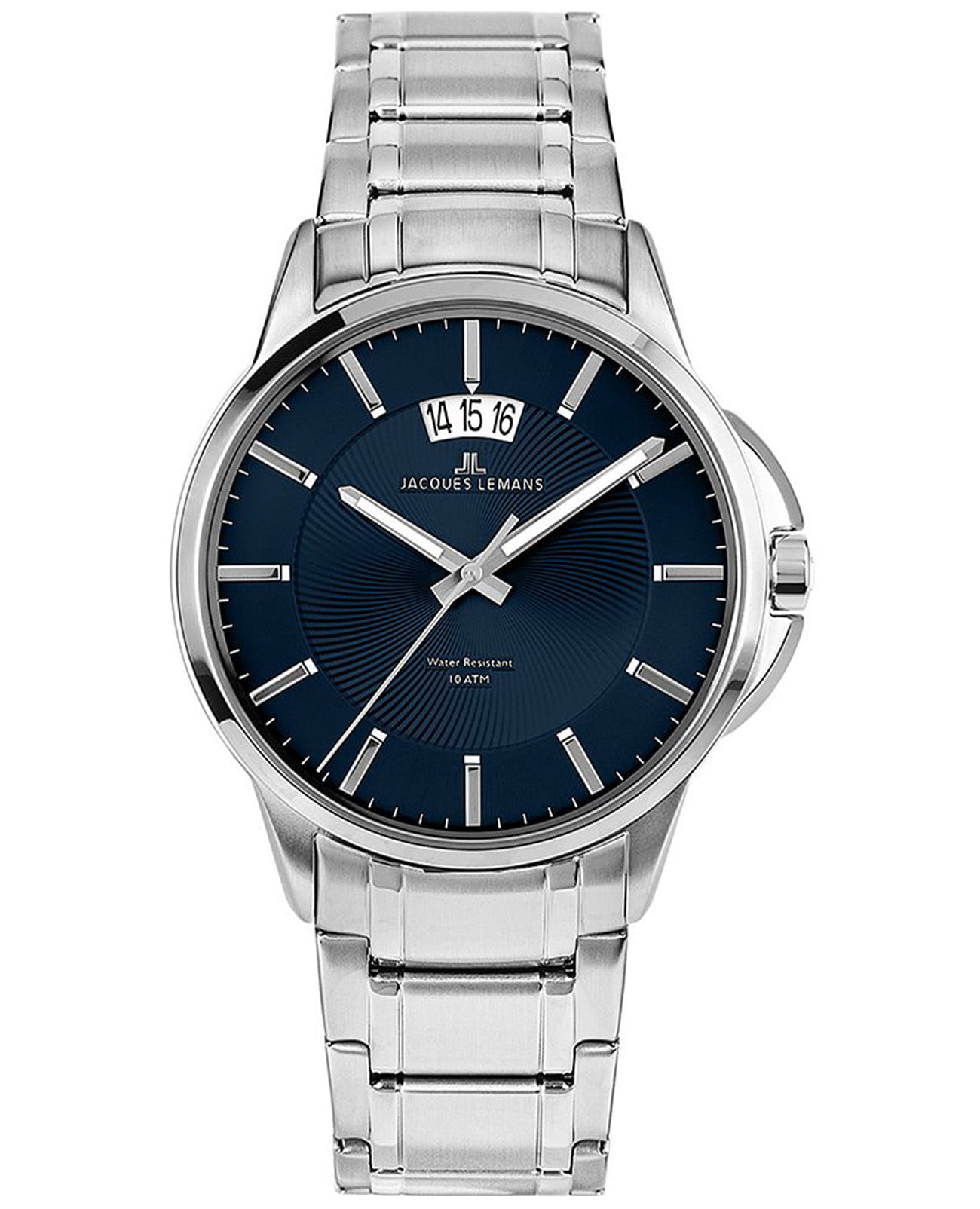Jacques Lemans Jacques Lemans Classic 1-1540M  1-1540M кварцевые мужские часы синий циферблат, браслет нержавеющая сталь — вид спереди