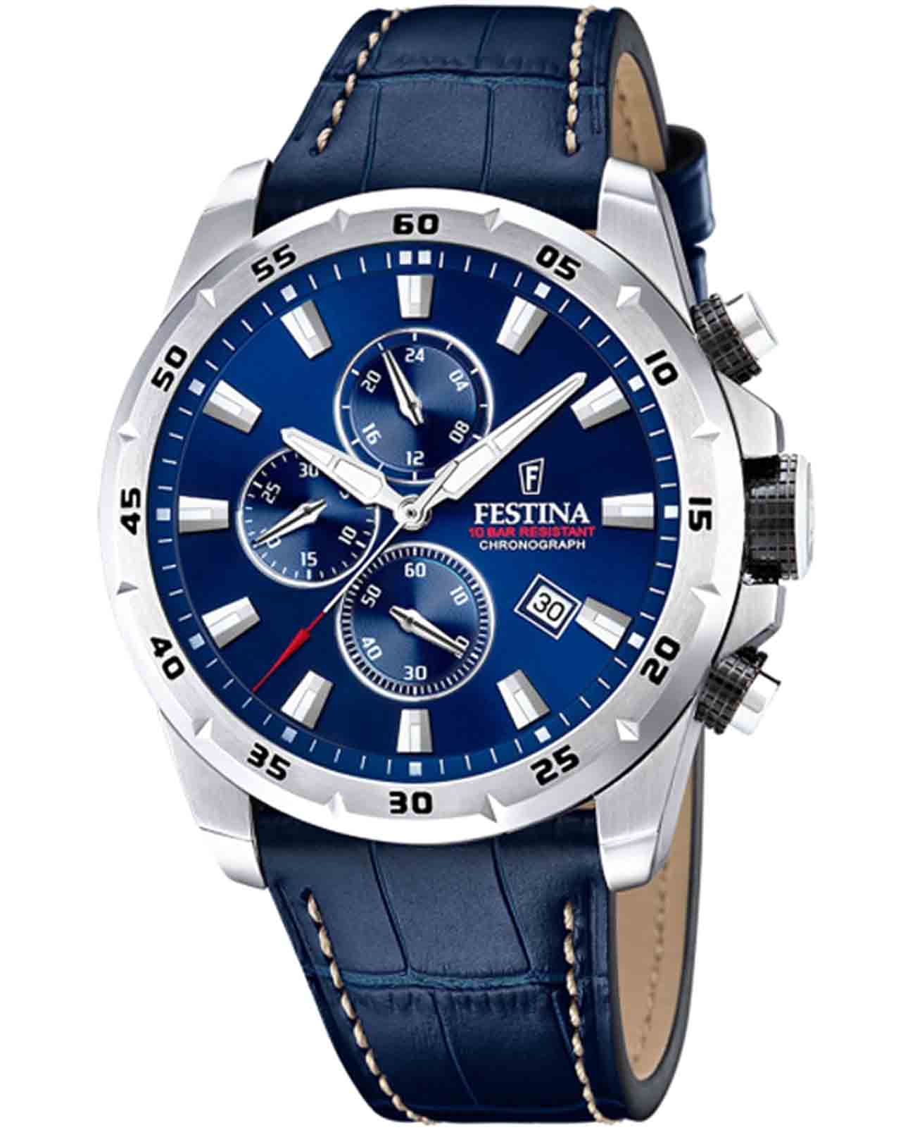 Festina Festina Timeless Chrono F20692/2  F20692/2 кварцевые мужские часы синий циферблат, браслет кожаный — вид спереди