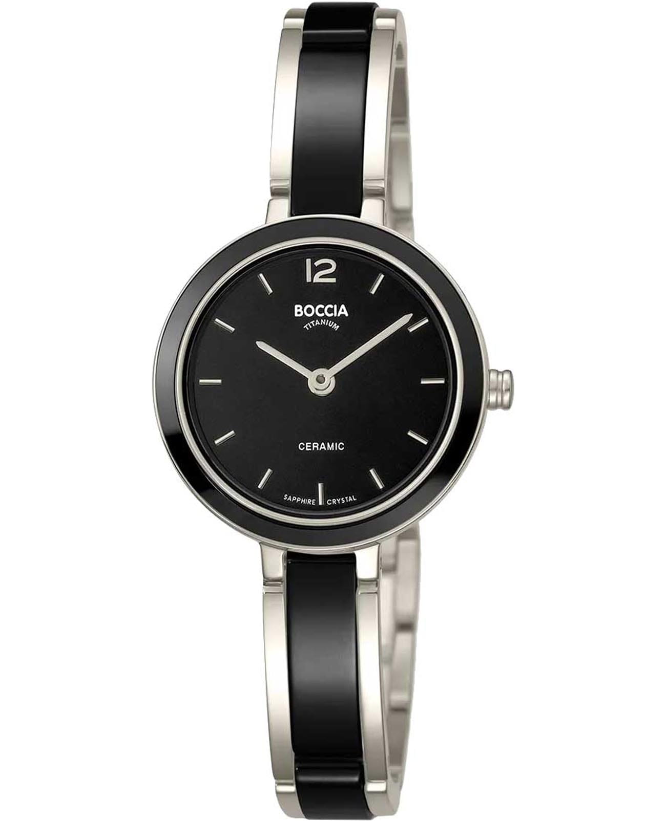 Boccia Titanium Boccia Titanium 3333-02  3333-02 кварцевые женские часы черный циферблат, браслет титан + кермика — вид спереди