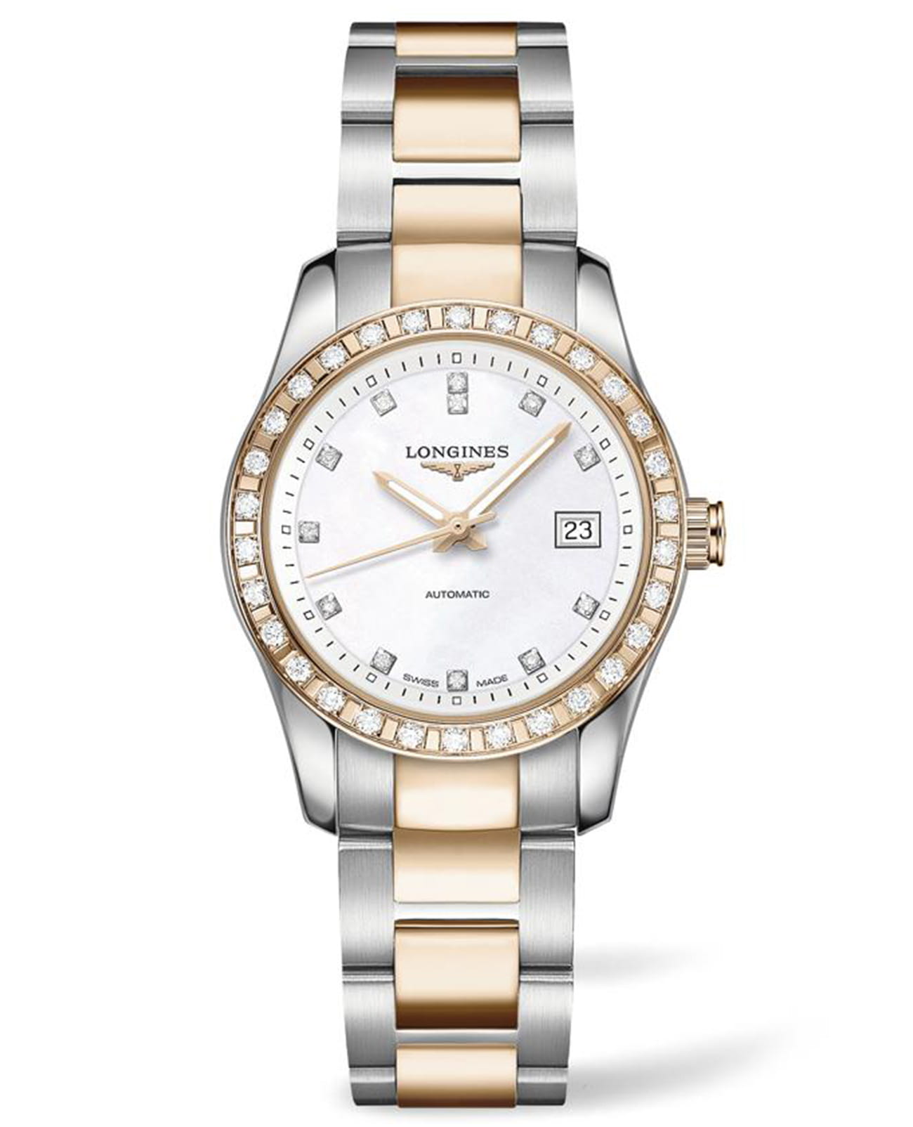 Longines Longines Conquest Classic L2.285.5.88.7  L22855887 механические женские часы перламутровый циферблат, браслет нержавеющая сталь + золото 18к — вид спереди