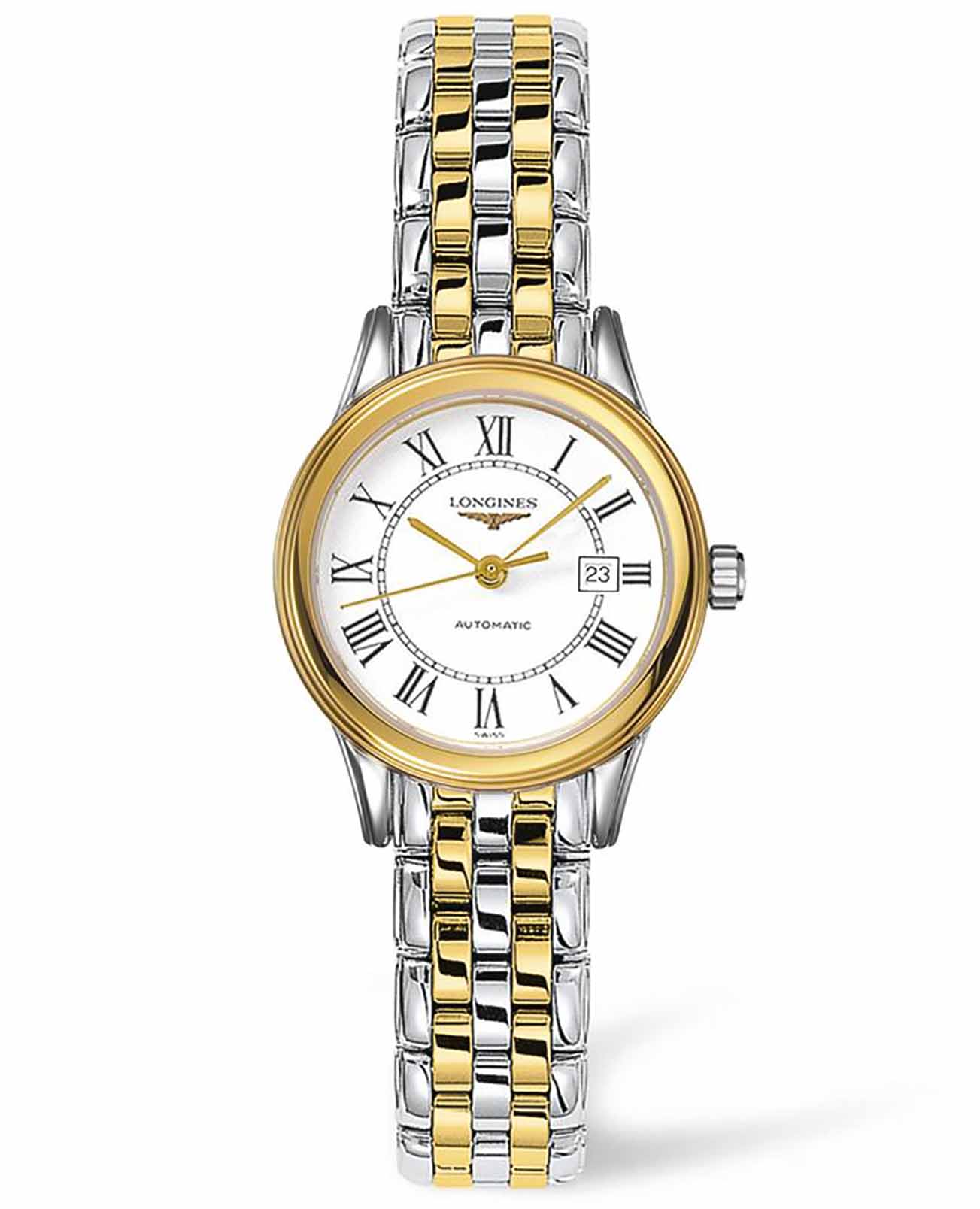 Longines Longines Flagship L4.374.3.21.7  L43743217 механические женские часы белый циферблат, браслет сталь c pvd покрытием — вид спереди