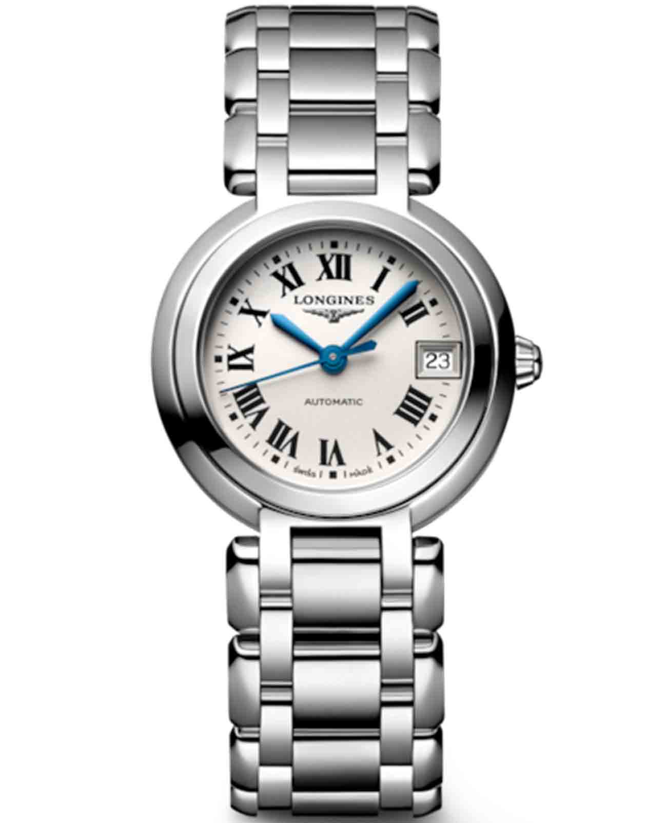 Longines Longines PrimaLuna L8.111.4.71.6  L81114716 механические женские часы серебристый циферблат, браслет нержавеющая сталь — вид спереди
