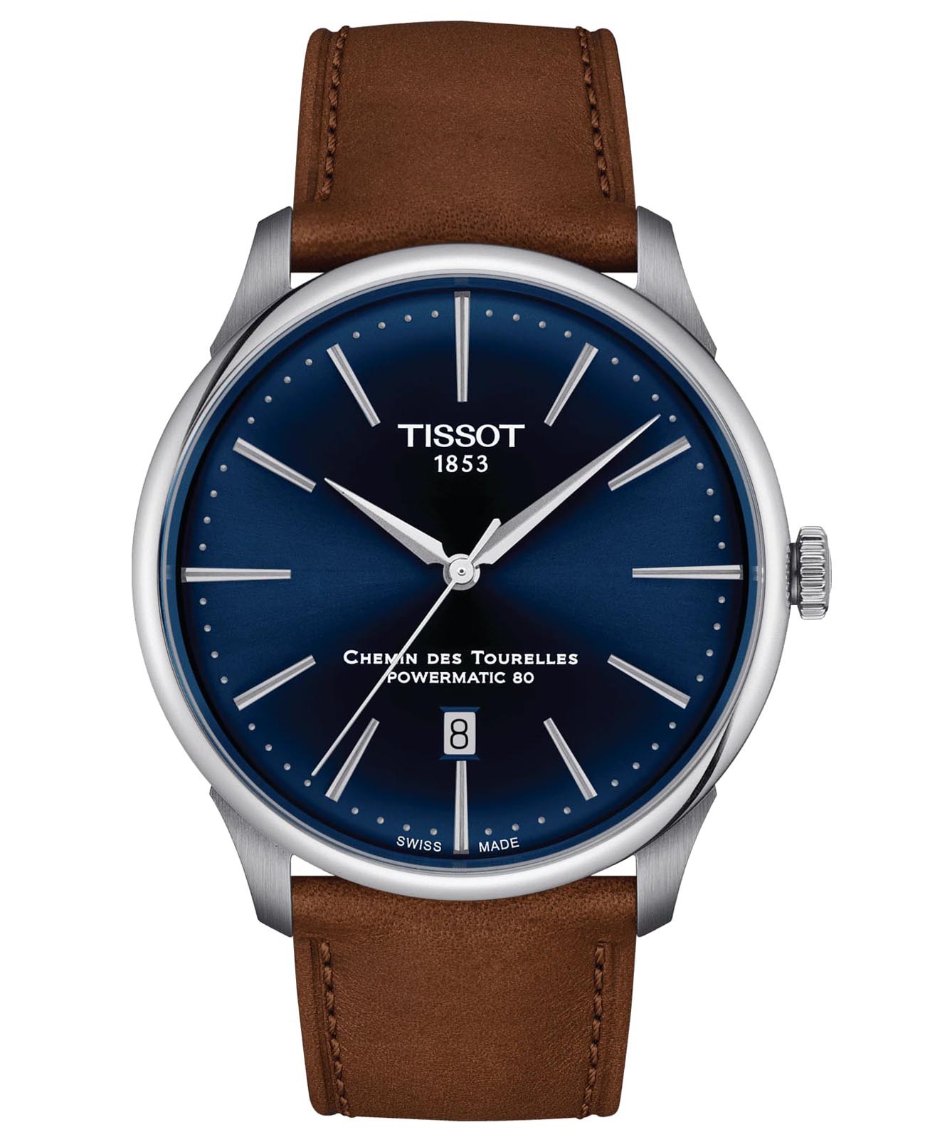 Tissot Tissot Chemin des Tourelles Powermatic 80 T139.407.16.041.00 Chemin des Tourelles T1394071604100 механические мужские часы синий циферблат, браслет кожаный — вид спереди