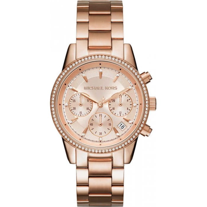 Michael Kors Michael Kors Ritz MK6357  MK6357 кварцевые женские часы розовый циферблат, браслет сталь c pvd покрытием — вид спереди
