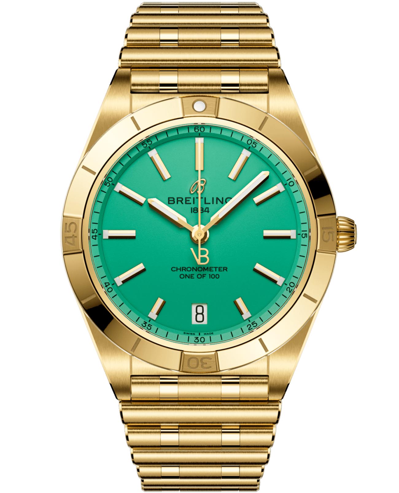 Breitling Breitling Chronomat Automatic 36 Victoria Beckham K103801A1L1K1  K103801A1L1K1 механические женские часы бирюзовый циферблат, браслет 18-каратное желтое золото — вид спереди