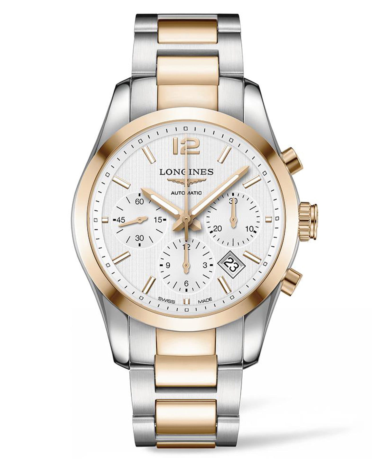 Longines Longines Conquest Classic L2.786.5.76.7  L27865767 механические мужские часы белый циферблат, браслет нержавеющая сталь + золото 18к — вид спереди
