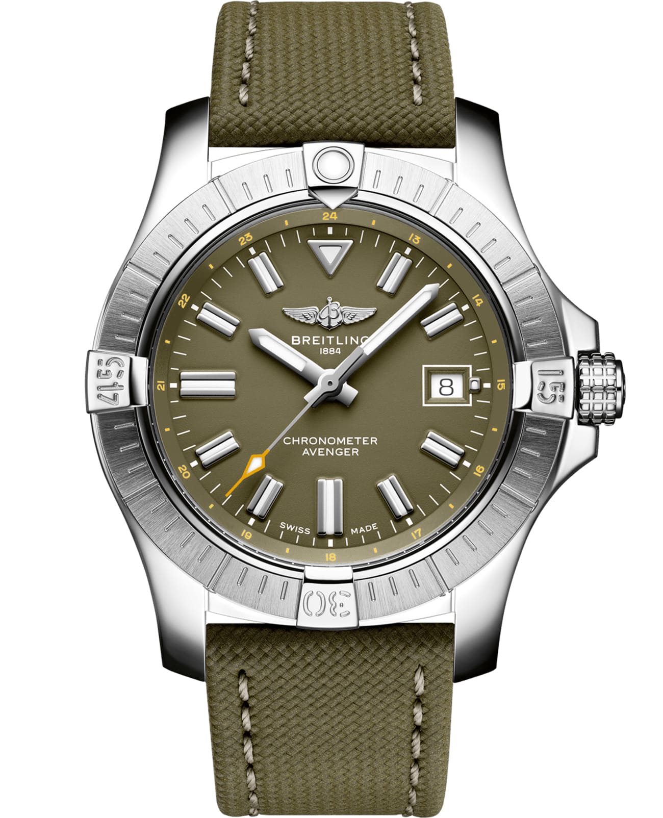 Breitling Breitling Avenger Automatic 43 A17318101L1X1  A17318101L1X1 механические мужские часы зеленый циферблат, браслет кожа + текстиль — вид спереди
