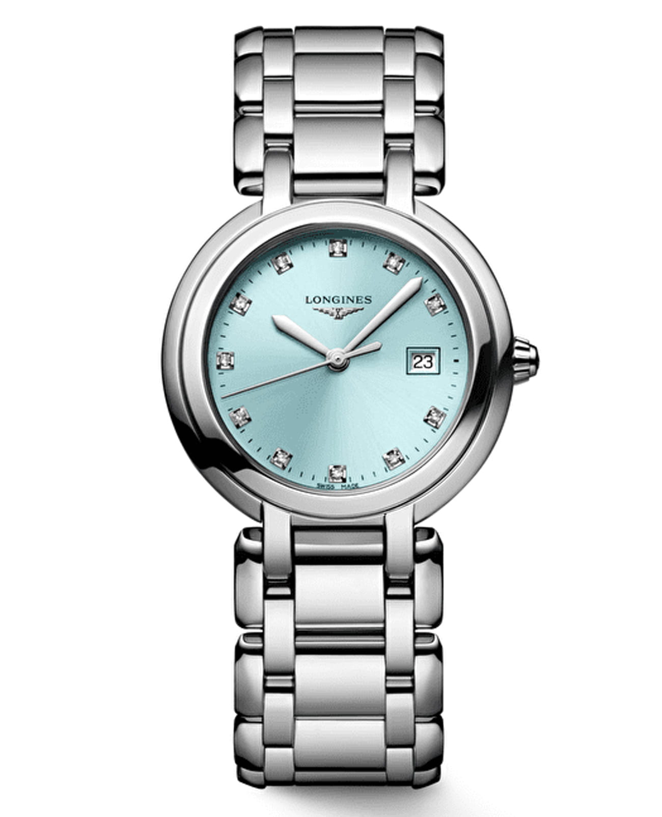 Longines Longines PrimaLuna L8.122.4.90.6  L81224906 кварцевые женские часы голубой циферблат, браслет нержавеющая сталь — вид спереди