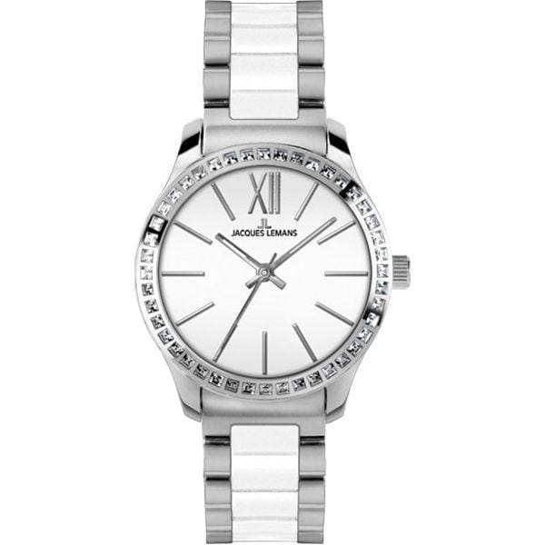 Jacques Lemans Jacques Lemans 1-1797B  1-1797B кварцевые женские часы белый циферблат, браслет сталь + керамические вставки — вид спереди