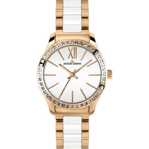 Jacques Lemans Jacques Lemans 1-1797D  1-1797D кварцевые женские часы белый циферблат, браслет сталь + керамические вставки — вид спереди
