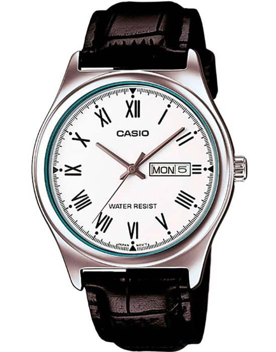 Casio Casio Collection MTP-V006L-7BUDF (MTP-V006L-7B)  MTP-V006L-7B кварцевые мужские часы белый циферблат, браслет кожаный — вид спереди