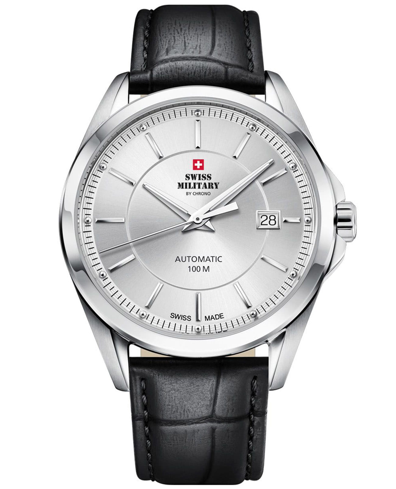 Swiss Military by Chrono Swiss Military by Chrono SMA34085.14  SMA34085.14 механические мужские часы серебристый циферблат, браслет кожаный — вид спереди