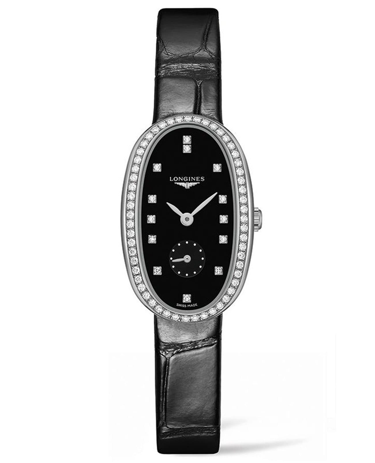 Longines Longines Symphonette L2.306.0.57.0  L23060570 кварцевые женские часы черный циферблат, браслет кожаный — вид спереди