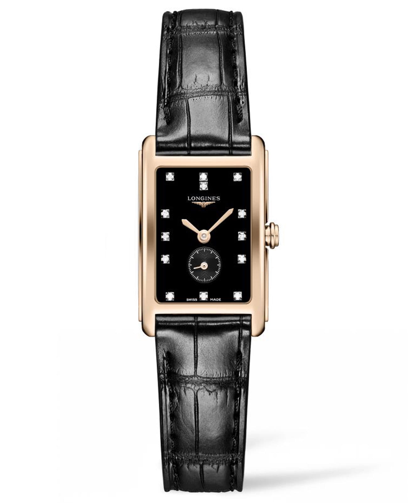 Longines Longines DolceVita L5.255.8.57.0  L52558570 кварцевые женские часы черный циферблат, браслет кожаный — вид спереди