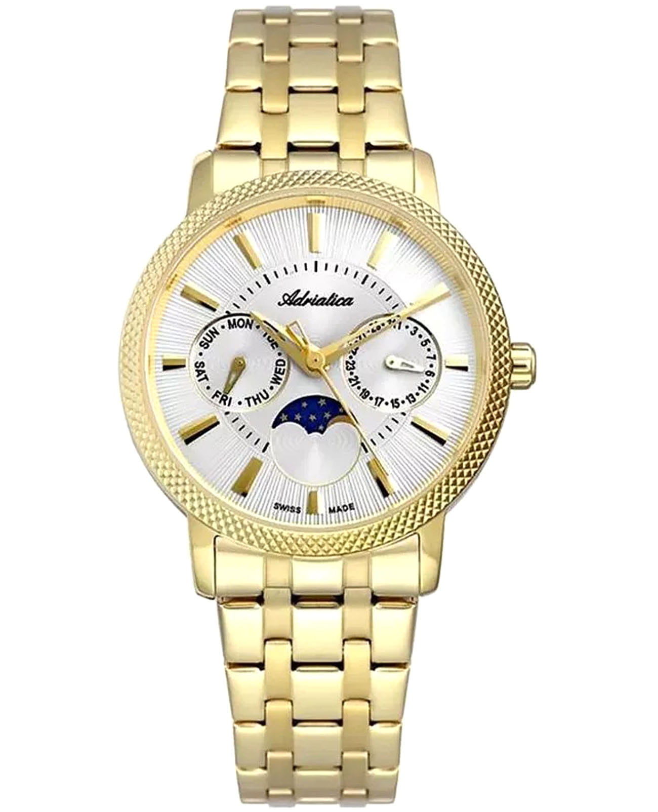 Adriatica Adriatica Moonphase A3808.1117QF  A3808.1117QF кварцевые женские часы серебристый циферблат, браслет нержавеющая сталь с pvd-покрытием — вид спереди