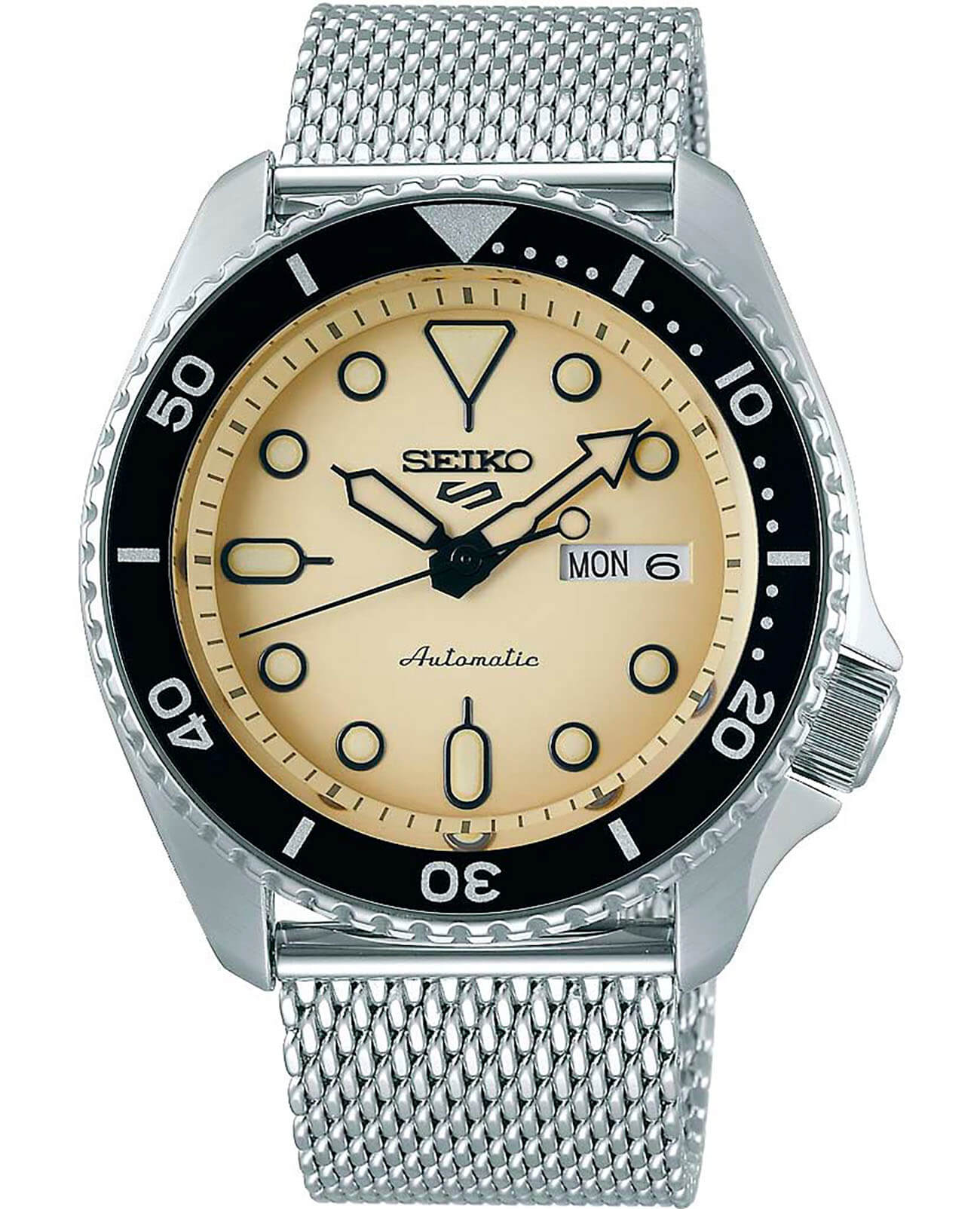 Seiko Seiko 5 Sports SRPD67K1  SRPD67K1 механические мужские часы бежевый циферблат, браслет нержавеющая сталь — вид спереди