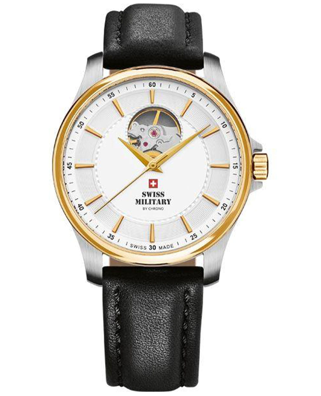 Swiss Military by Chrono Swiss Military by Chrono Automatic Open Heart SMA34050.07  SMA34050.07 механические мужские часы белый циферблат, браслет кожаный — вид спереди